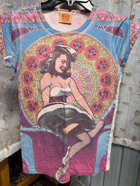 Vintage Pinup Graphic Tee - Pink & Blue Women’s Top